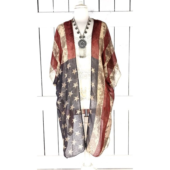 USA Patriotic American flag sheer gauzy kimono cardigan cover up - Picture 2 of 5